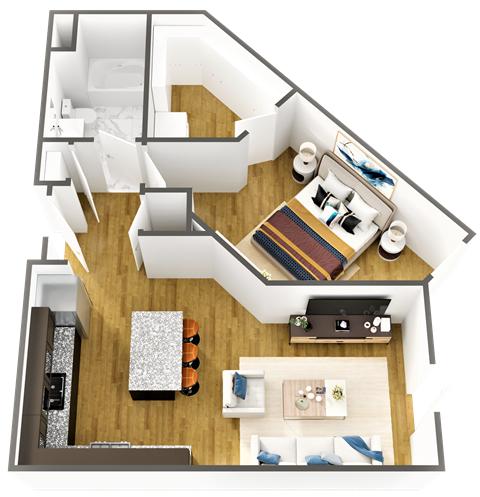 Floor plan for 1 bed, 1 bath, 796 sqft